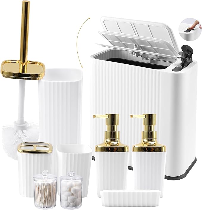 9-Piece White Bathroom Set with Press-Top Slim Trash Can - Minimalist Vertical Stripe Bathroom Accessories Sets with Toilet Brush, Soap Dispenser, Toothbrush Set, Soap Dish & Apothecary Jars