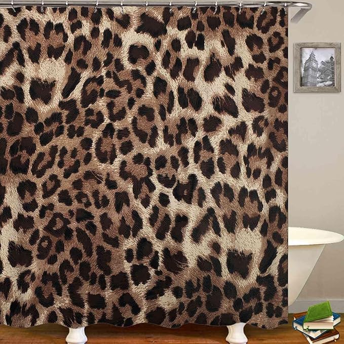 4PCS Black Brown Leopard Print Shower Curtain Sets With Rugs, Waterproof Fabric Shower Curtain, African Wildlife Wild Animal Safari Skin Powerful Cheetah Cat Panthera Fur Modern Bathroom Decor