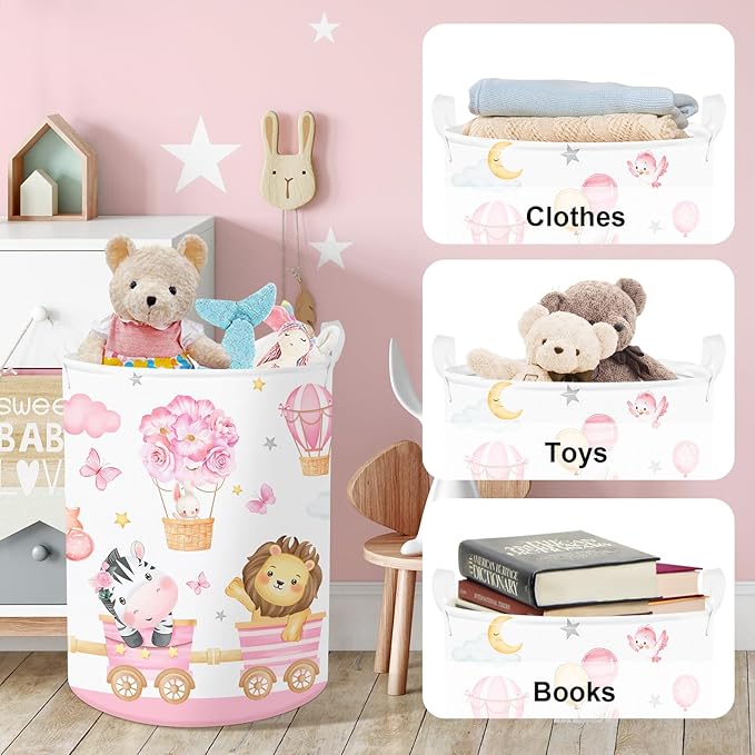Clastyle Collapsible Large Pink Train Animals Kid Laundry Hamper for Girl Flower Elephant Lion Clothes Toy Storage Basket with Lid for Nursery