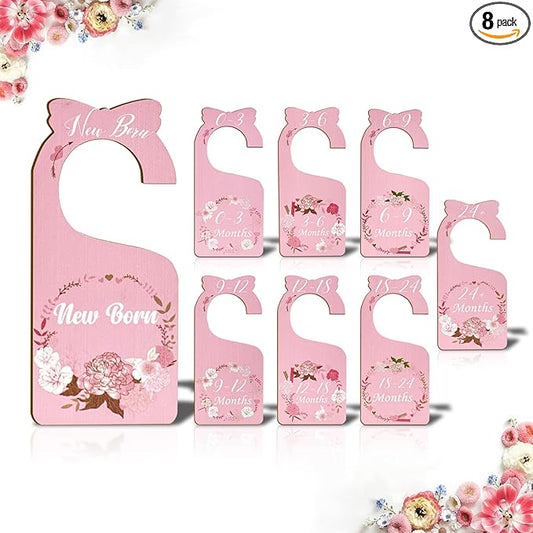 Baby Closet Dividers for Clothes Organizer, 8 Pack Pink Flowers Wooden Double-Sided Baby Clothes Size Hanger Organizer from Newborn to 24 Months for Daycare Wardrobe, Boho Nursery Decor