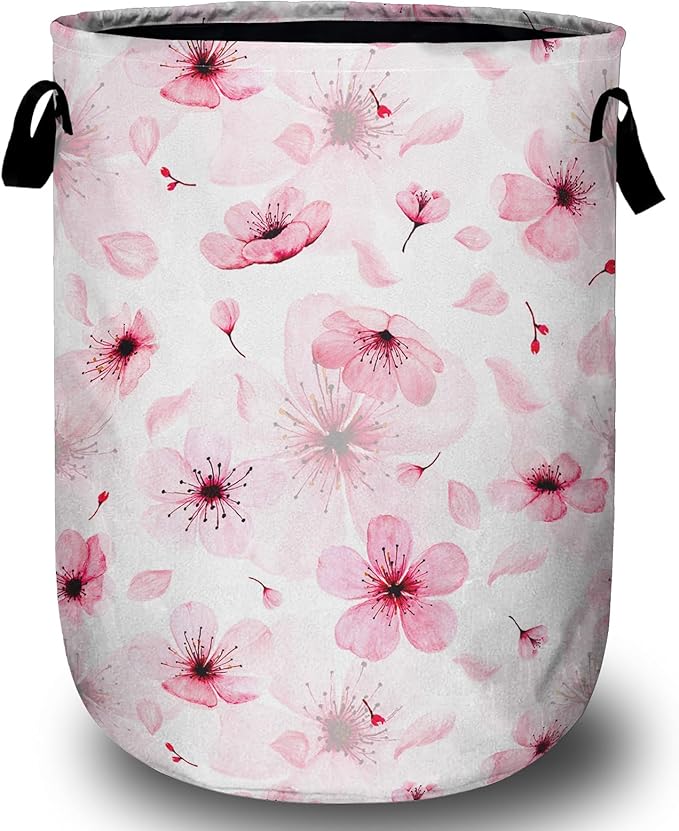Watercolor Cherry Blossom Laundry Basket, Foldable Pink Flower Laundry Hamper Tote Bag Dirty Clothes Storage Bucket Toy Organizer for Bathroom/Laundry/Bedroom 15.7"x19.6"