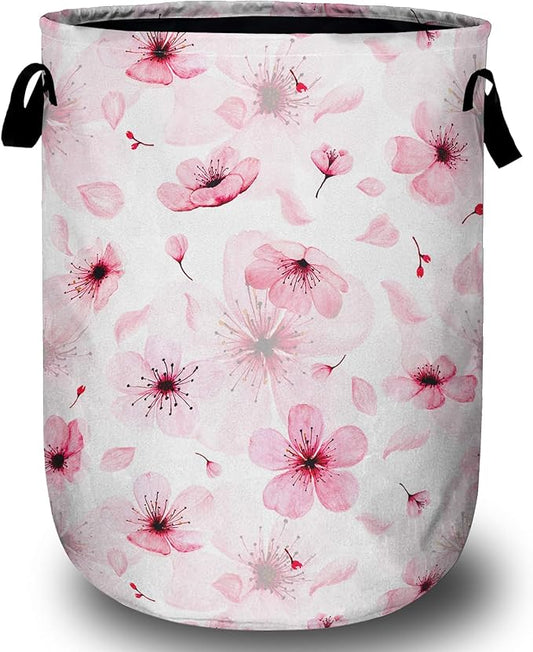 Watercolor Cherry Blossom Laundry Basket, Foldable Pink Flower Laundry Hamper Tote Bag Dirty Clothes Storage Bucket Toy Organizer for Bathroom/Laundry/Bedroom 15.7"x19.6"
