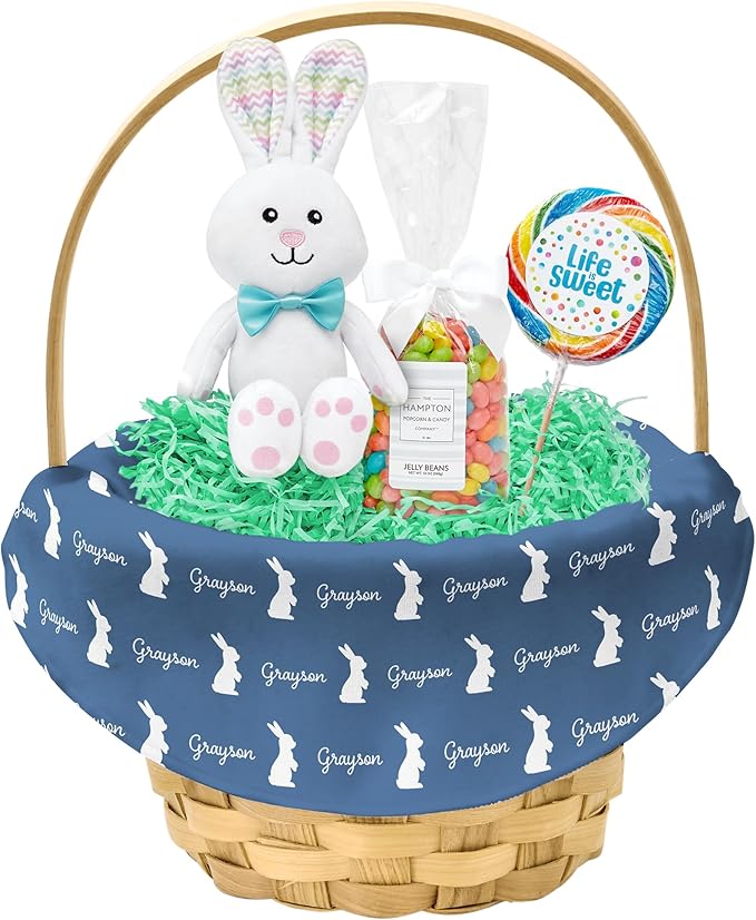 Let's Make Memories Personalized Easter Basket for Kids - For Boys - For Girls - Create Your Own - Fillable - Wicker - Easter Basket Stuffers - Large - Denim Blue Hoppy Bunny