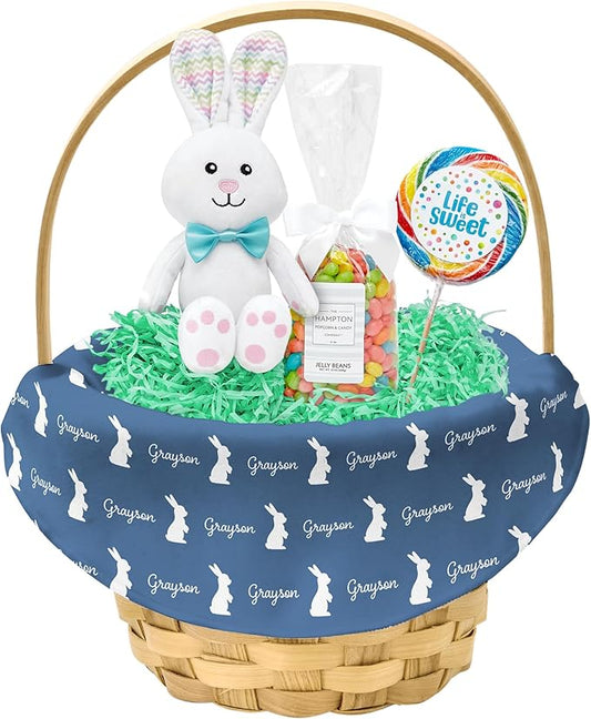 Let's Make Memories Personalized Easter Basket for Kids - For Boys - For Girls - Create Your Own - Fillable - Wicker - Easter Basket Stuffers - Large - Denim Blue Hoppy Bunny