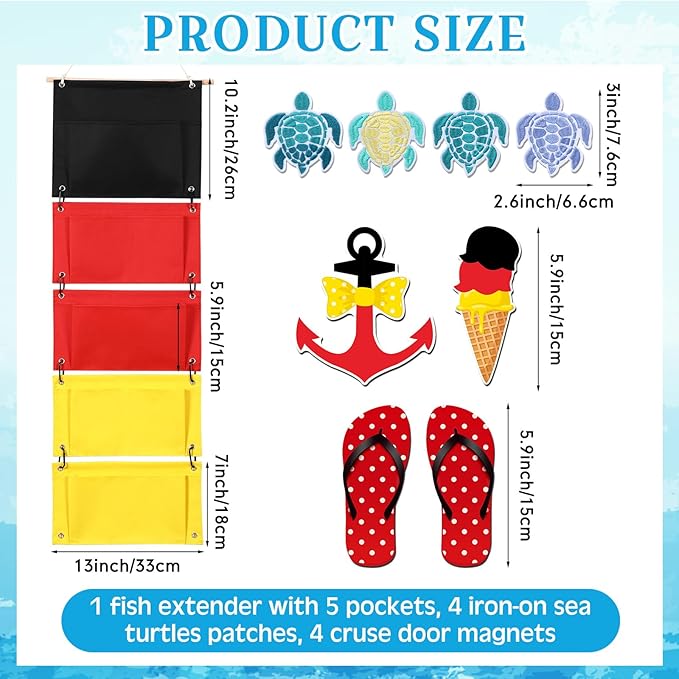 Fish Extender Cruise Hanging 5 Pockets with 4 Pcs Iron on Sea Turtle Patches and 4 Cruise Door Magnets Cabin Storage Bag 2026 Fe for Exchange Gift Pixie Dusting
