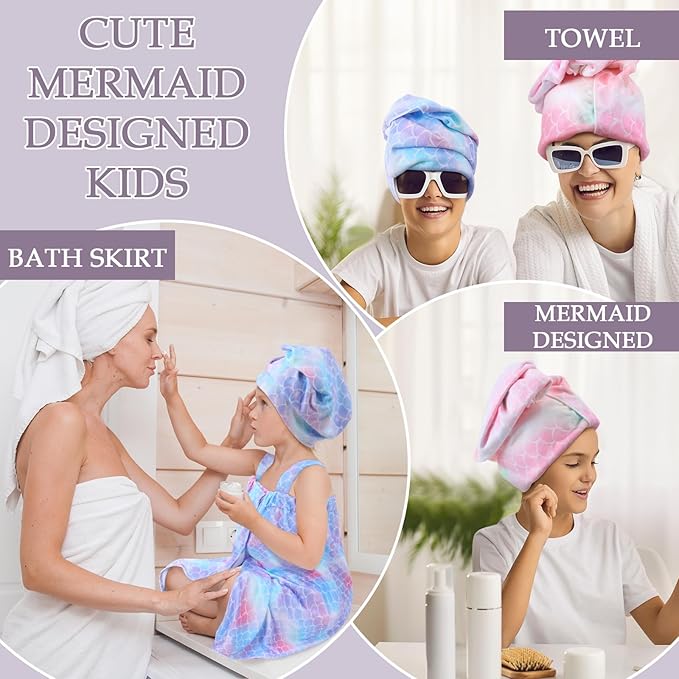 2 Sets Girls Towel Wrap Hair Towel Wrap for Kids with Soft Bath Body Dress Cute Adjustable Bathrobe with Turbans for 3.9-4.9 ft Kids Girls Wet Hair Rapid Drying(Princess Mermaid)