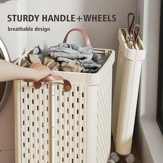 UAK Plastic Laundry Basket with Wheels & Handle, 67L Heavy Duty Foldable Laundry Hamper – Easy Clean Waterproof Rolling Organizer for Bathroom & Laundry Room, Ivory