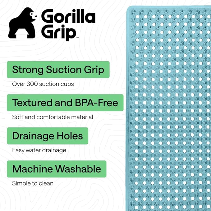 GORILLA GRIP Patented Bath Tub Shower Mat, Machine Washable Bathtub Floor Liner Mats, Suction Cups and Drain Holes to Keep Tubs Clean, Soft on Feet, Bathroom Essentials, 35x16 Inch, Clear Turquoise