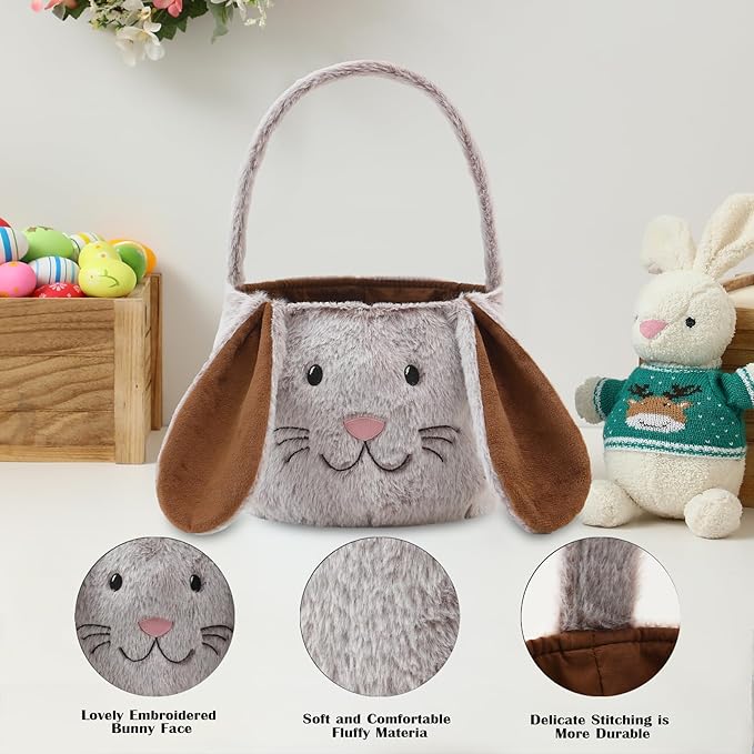 Easter Bunny Basket,Cute Easter Bucket Bags with Rabbit Ears for Eggs Hunting,Candy Gifts Storage (Brown/White)