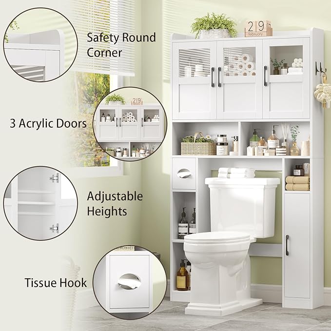 Over The Toilet Cabinet,Farmhouse Toilet Cabinet Rack with 3 Acrylic Doors and Adjustable Storage Shelf,Space Saving Bathroom Organizer with Toilet Paper Holder Stand for Restroom, Laundry，White