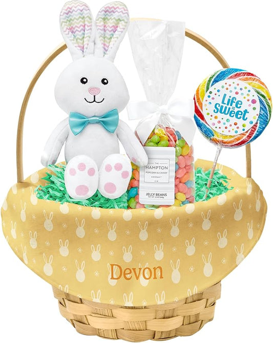Let's Make Memories Personalized Easter Basket for Kids - For Boys - For Girls - Create Your Own - Fillable - Wicker - Easter Basket Stuffers - Small - Yellow Bunny Faces