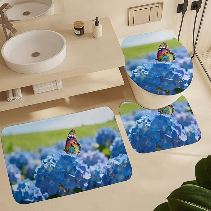 4 Piece Bathroom Rug Set with Shower Curtain, Non-Slip Bath Mat Toilet Cover Set, Flower Balls Bathroom Rug Sets