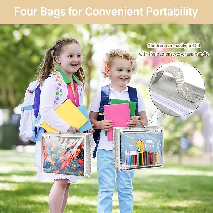 Over Door Organizer and Storage, Hanging Toy Holder with 4 Clear Removable Pouches, Toddler Room Wall Stuffed Animal Bag Case, Kids Playroom Closet Organization for Building Block, Puzzle