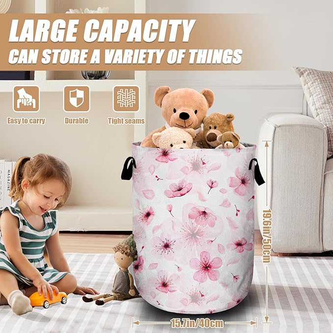 Watercolor Cherry Blossom Laundry Basket, Foldable Pink Flower Laundry Hamper Tote Bag Dirty Clothes Storage Bucket Toy Organizer for Bathroom/Laundry/Bedroom 15.7"x19.6"