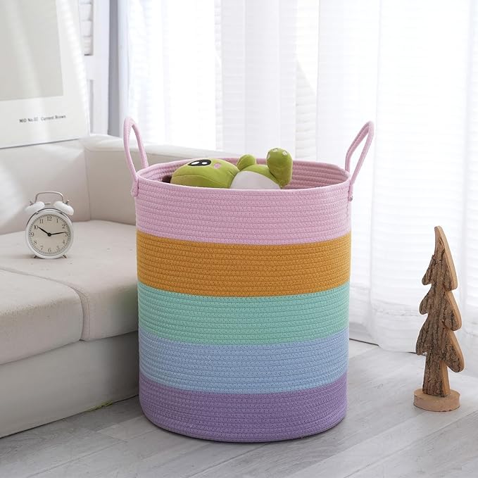 Woven Basket Nursery Laundry Hamper with Handles, Clothes Storage Organizer, Woven Basket for Boy Room Decor, Toy & Blanket Storage Bin, 15x15x18 Inch, Colorful, 1pc