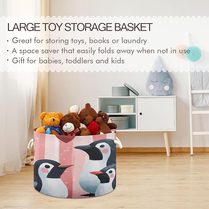 Blanket Storage Basket for Living Room - Penguins Large 20"x20"x14" Cotton Rope Handles Laundry Basket, Foldable for Toy Storage, Blanket Basket