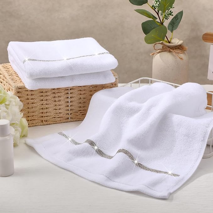2 Pcs White Sparkling Hand Towels with Rhinestones for Bathroom 100% Cotton Glitter Soft Elegant Hand Bath Towels Absorbent Machine Washable for Spa Yoga Hotel Sport, 29.5" x 13.8"