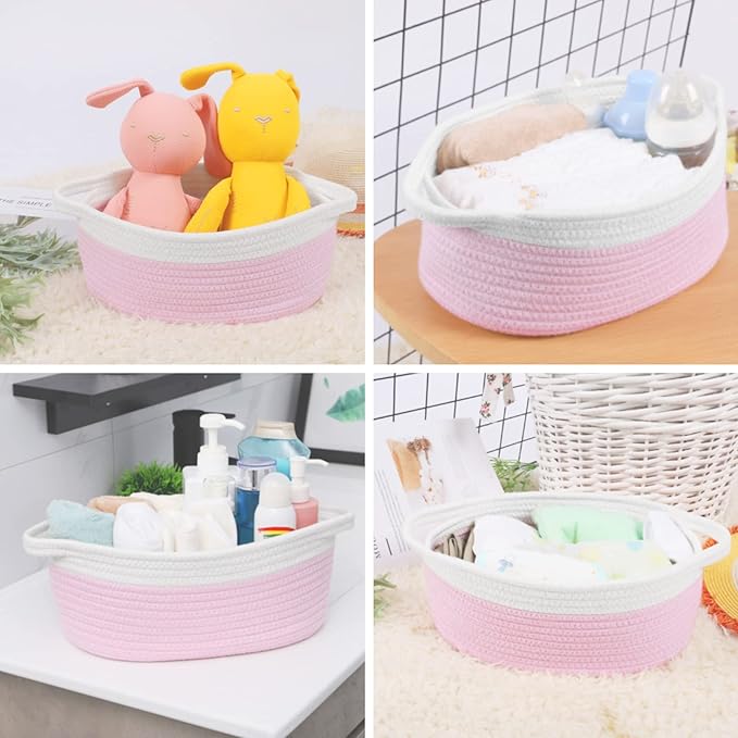 ABenkle Small Basket with Handles, Boho Decorative Rope Woven Dog Cat Toy Storage Bin Shelf Storage Organizer, Easter Christmas Gift Basket, 12"x8"x5", Pink
