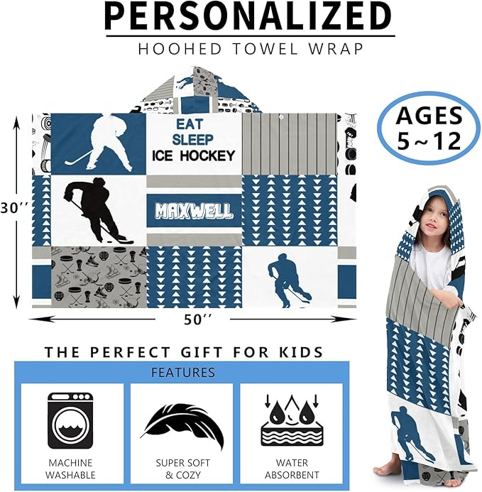 Hooded Bath Towels for Kids, Hockey Sky Blue Personalized Towel for Swimming Robe | Bathing | Beach | Birthday Gifts
