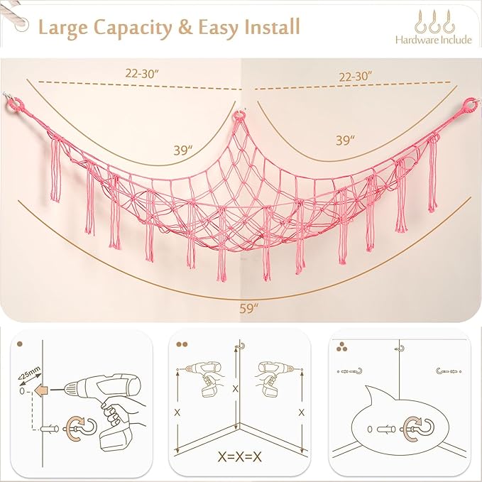 Stuffed Animals Hammock Corner Hanging Net with Tassel Macrame Stuffed Animal Storage Plush Toy Holder Toy Organizer for Boho Nursery Playroom Bedroom Kids Room (pink, large)