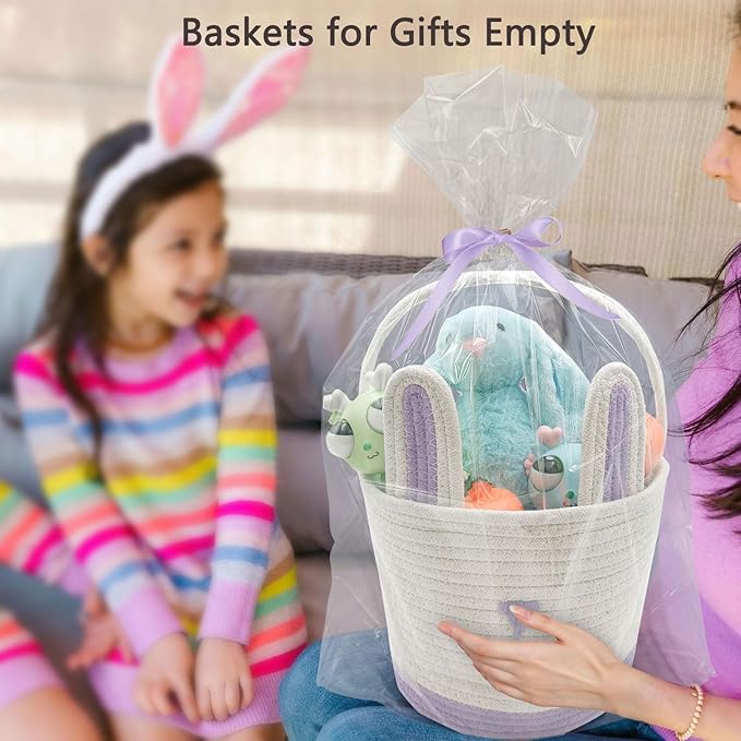 2 Pack Large Woven Easter Baskets for Girls & Kids - Empty Basket with Gift Bags and Ribbons Cute Easter Decorations Bunny Ears Designs (Pink+Purple)