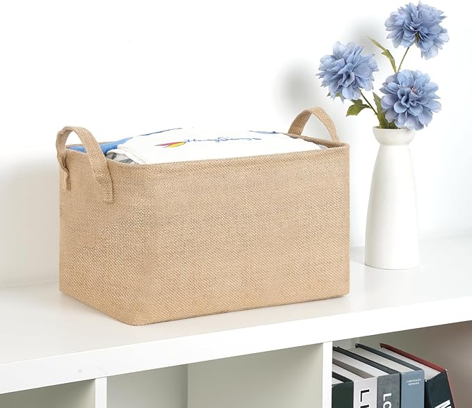 Bidtakay Rectangular Storage Basket,Collapsible Storage Bin with Hardboard,15" L x 10" W x 9" H Waterproof Coating Burlap Storage Box with Handles for Home Organization,Shelf Basket (Flax)