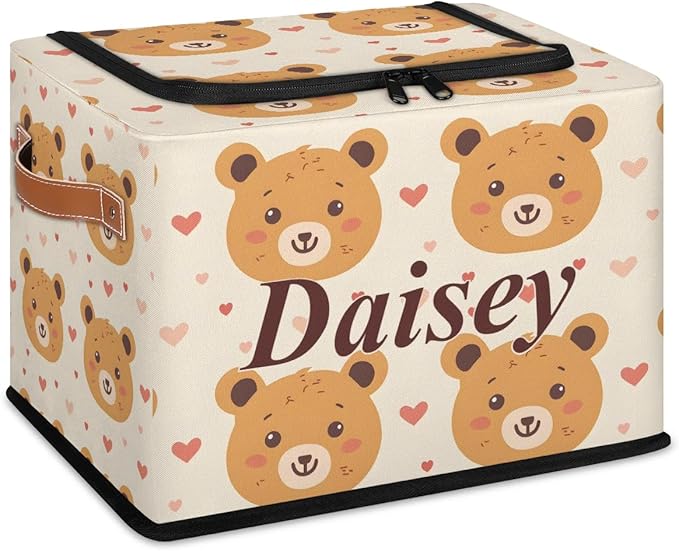 Custom Cute Bear Storage-Bin With Zipper Lid for Kids-Girls-Boys-Baby-Pet,Personalized Name Foldable Storage Box with Handle,Baby Basket With Label for Bedroom Nursery Toy Clothes,Beige