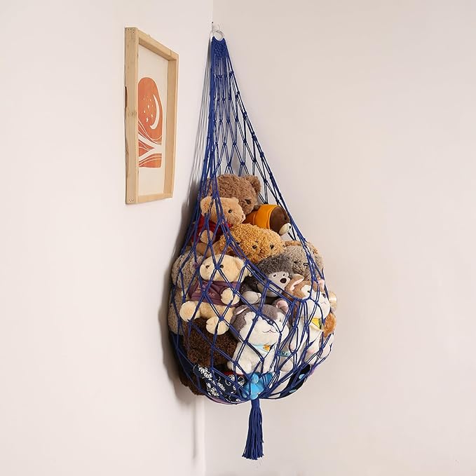 Stuffed Animal Storage Toy Hammock Corner Hanging Net for Stuff Animal Storage Macrame Toy Display Plushie Toy Holder-Wall Hanging Net for Kid Bedroom Decor Playroom Organizer (Blue XL)
