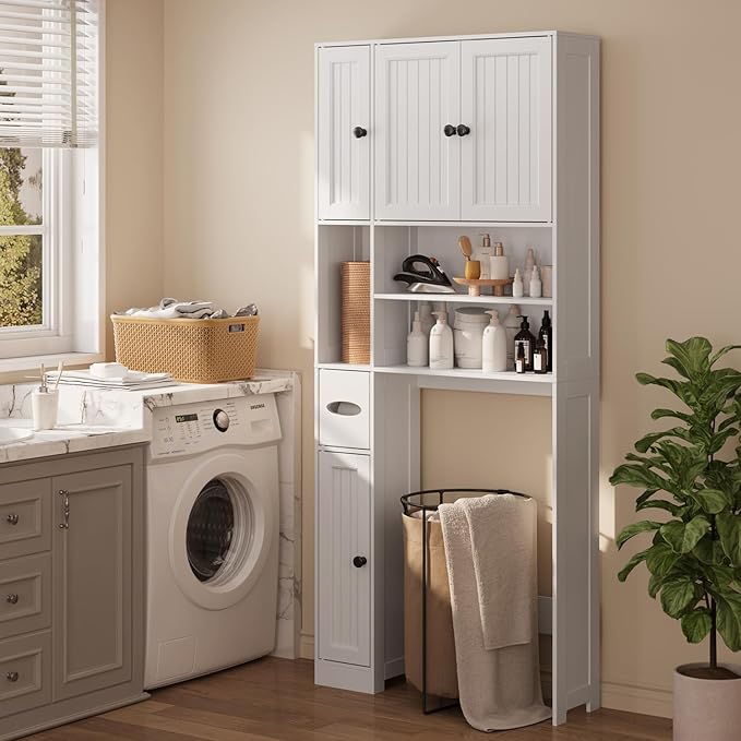 Ahomly Over The Toilet Storage Cabinet with Adjustable Shelves and Five Doors, Over Toilet Bathroom Organizer, Above Toilet Storage Cabinet with Open Shelves for Bathroom, Restroom, Laundry, White