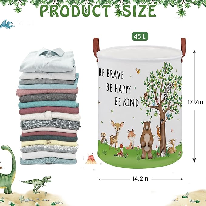 Woodland Baby Laundry Hamper,Bear Baby Boy Nursery Decor with Inspirational Quotes,Animal Toddler Laundry Hamper,Tree Storage Bin Fox Owl Towel Bin Clothes Book Toy Organizer Box(Green）