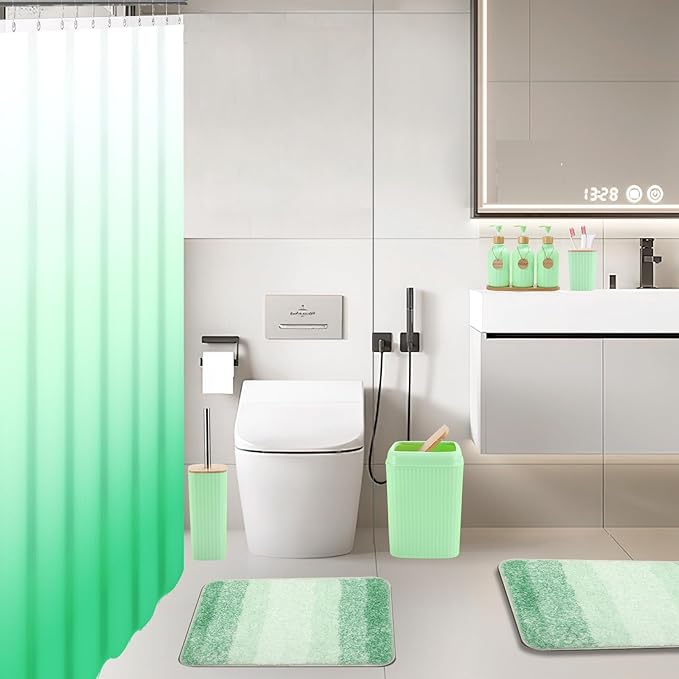 32PCS Green Bathroom Accessories Set with Shower Curtain,Rugs,Trash Can,3PCS Lotion Soap Dispenser, Toothbrush Holder, Soap Dish,Tumbler Cup,6PCS Wood Tags Bath Accessories with Tray for Bathroom