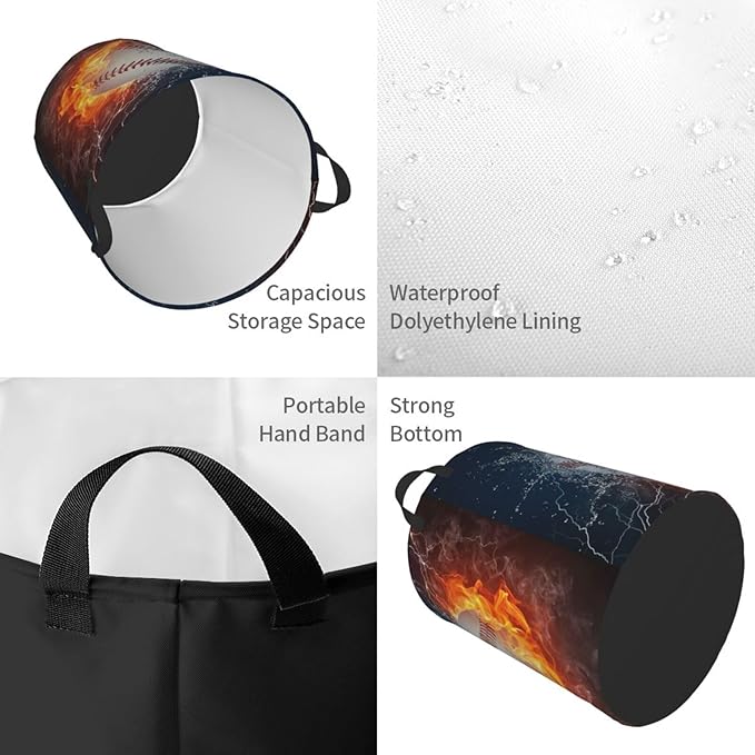 Sport Baseball Ball In Fire And Water Round Laundry Hamper Storage Basket Toys Clothes Organizer Bin For Home Bathroom Bedroom Dorm Nursery, 38l