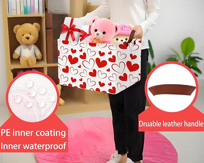 Large Valentine's Day Basket Heart Shaped Storage Bin for Gifts Collapsible Organizer Room Decor (Red Hollow Solid Love)