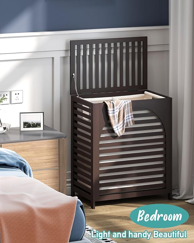 Laundry Hamper, 27.3 Gallon (103L) Bamboo Wood Clothes Laundry Basket with Lid and Handles, Removable Liner