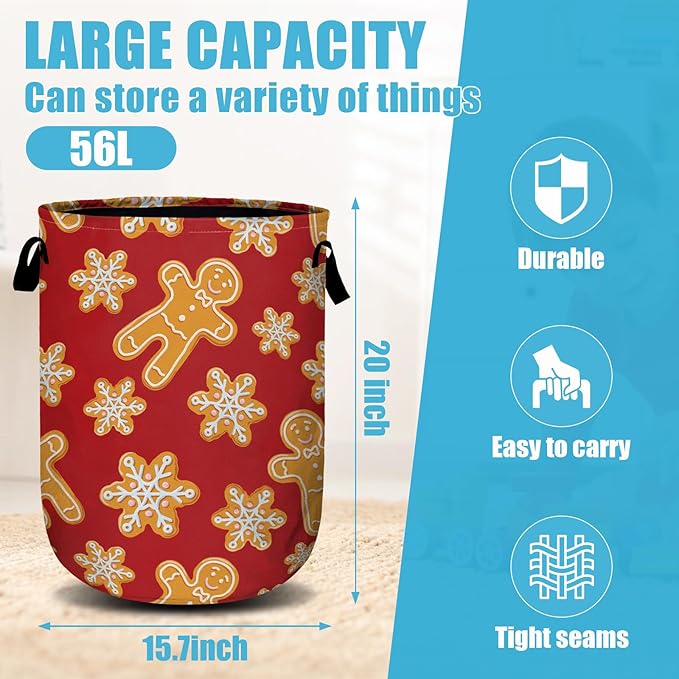 Red Gingersnap Laundry Basket, Christmas Laundry Hamper Collapsible Oxford Cloth with Handle Clothes Toy Storage Bin for Bathroom Laundry Room Bedroom 15.7 X 20 Inch