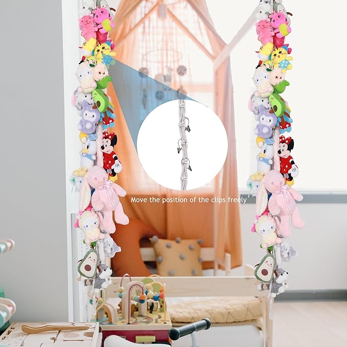 2 Pcs Cotton Stuffed Animal Storage Chain with 40pcs Metal Clips for Hanging Small Plush 80inch Wall Organizer Stuffed Animals Storage Holder for Hanging Nursery Play Room Wall Door (2Pcs White)