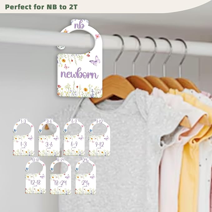 Watercolor Wildflowers Baby Closet Dividers for Nursery Closet Organizer, Newborn to 24 Months Size Clothes, Purple Butterfly Hangers with Size Dividers, Double Sided