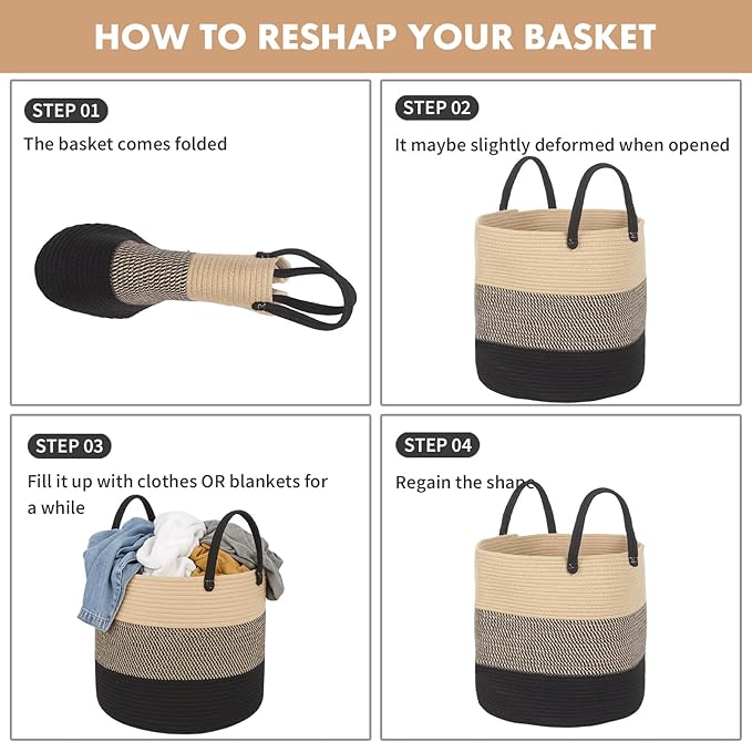 ShellKingdom Laundry Basket, Large Natural Rope Woven Storage Basket with Handles for Home, Living Room, Laundry, Storage Organizer for Blankets, Clothes, Toys, 19.7 x 14.9 INCH (3-Toned Khaki Black)