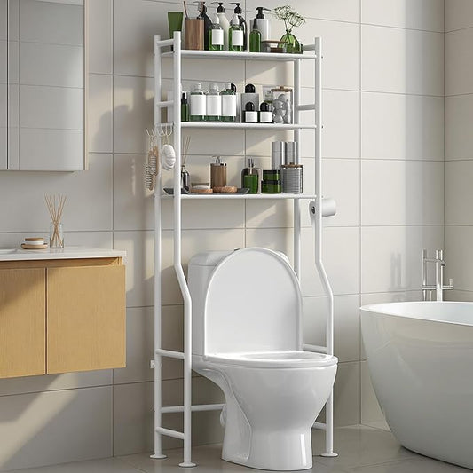 3-Tier Over The Toilet Storage with Paper Holder, Metal Bathroom Organizers and Storage for Small Space, Freestanding Bathroom Shelves with 4 Hooks, Above The Toilet Storage Shelf (White)