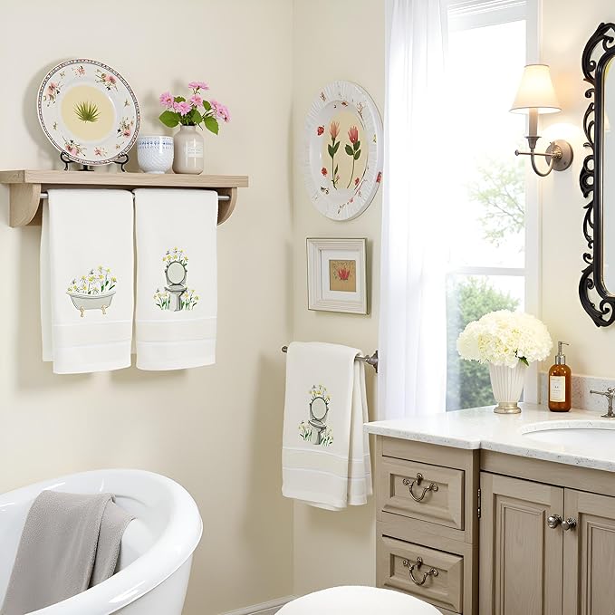 2pcs White Daisy Hand Towels for Bathroom Decorative Towels Set 100% Cotton Cute Embroidered Spring Summer Floral Bath Towels Dish Kitchen Towels Farmhouse Bathroom Decor Gift(White Daisy)