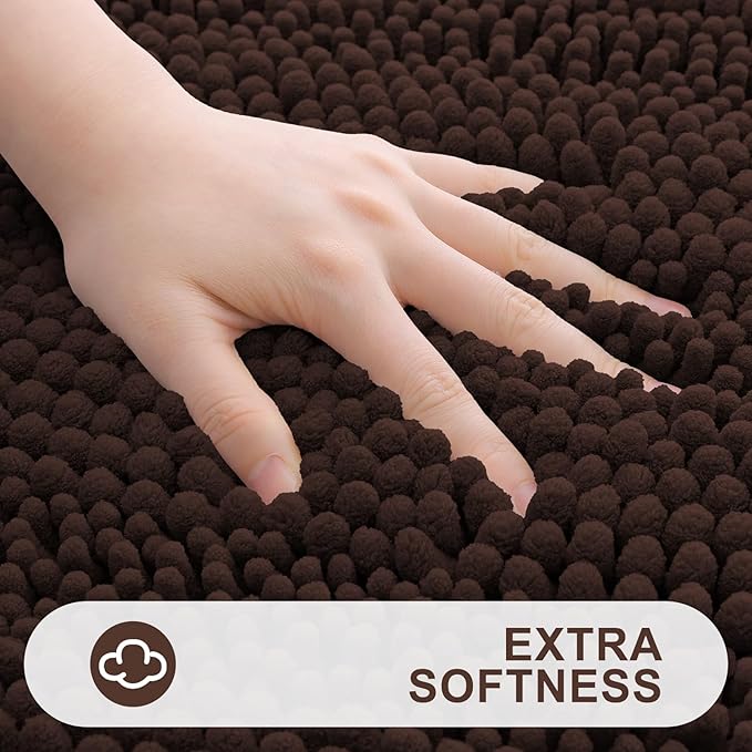 Grandaily Chenille Striped Bathroom Rugs 47x17, Extra Thick and Absorbent Bath Mats, Non-Slip Soft Plush Shaggy Shower Carpet, Machine Wash Dry, Bath Rug for Bathroom, Brown