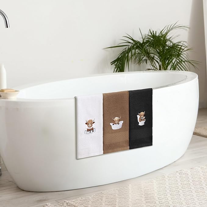 3 Pcs Highland Cow Hand Towels for Bathroom Embroidered Bathroom Towels Farmhouse Decorative 13.78 x 29.53 Inch Absorbent Soft Cotton for Dish Fast Drying Decor