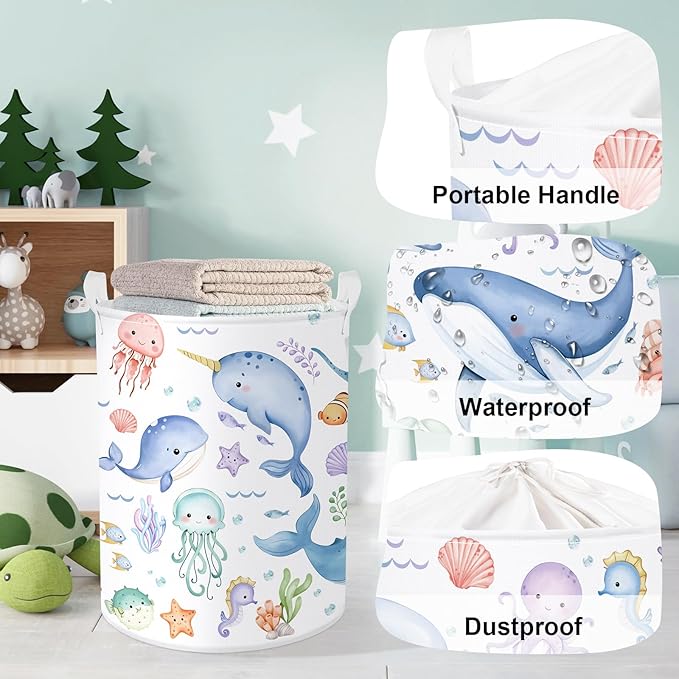 Sea Animals Laundry Hamper Ocean Fish Coral Large Storage Basket Parents Organizer Kids Clothes Toy Bins for Bedroom, Bathroom, Blue Whales, 63L