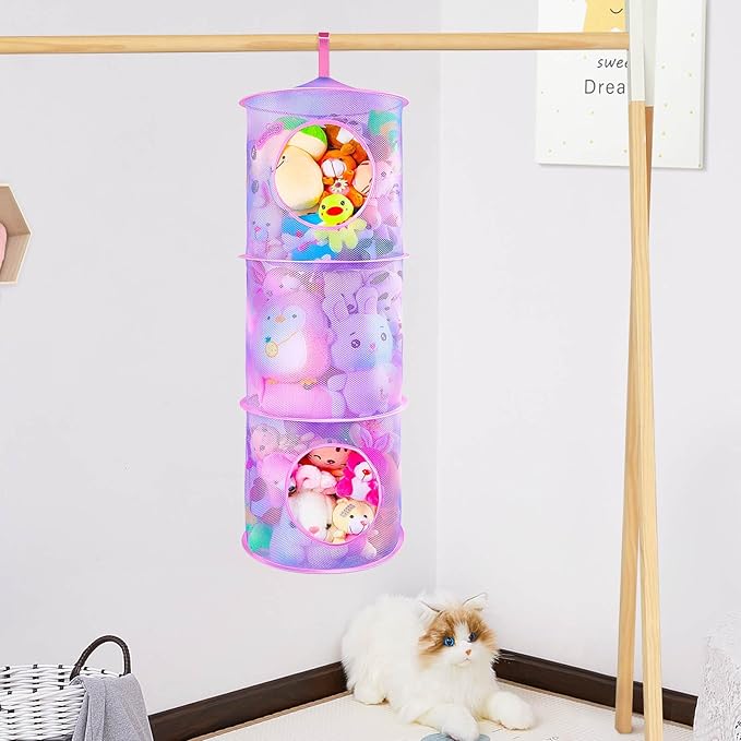 Basumee Stuffed Animals Net or Hammock 2 Pcs Stuffed Animals Storage Toy Net Hammock for Plushies Storage Organizer Mesh Kids Girls Room Decor, Purple, 3 Tiers