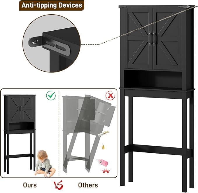 Over The Toilet Storage Cabinet, Farmhouse Over Toilet Bathroom Organizer with 2 Barn Doors, Narrow Above Toilet Storage Cabinet, Behind Toilet Bathroom Organizer, Black