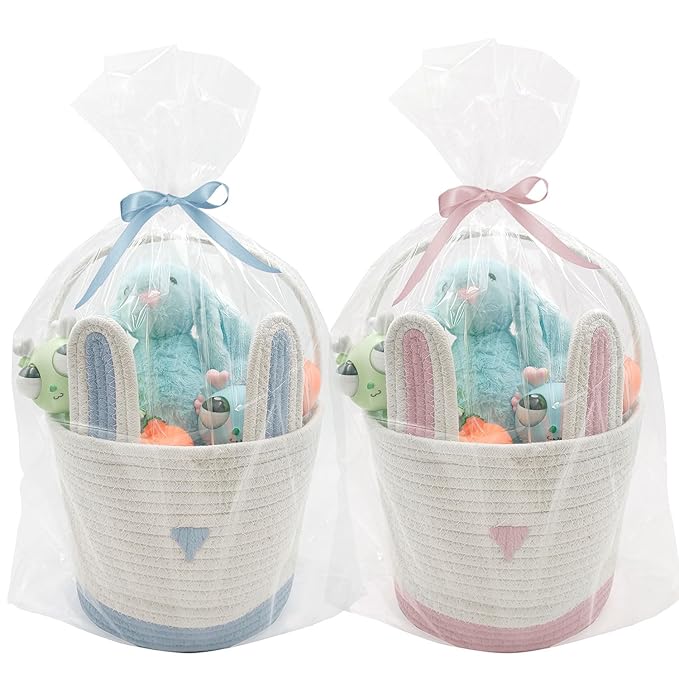 2 Pack Large Woven Easter Baskets for Kids - Boy & Girl Options, Empty Basket with Gift Bags and Ribbons Cute Easter Decorations Bunny Ears Designs (Pink+Blue)