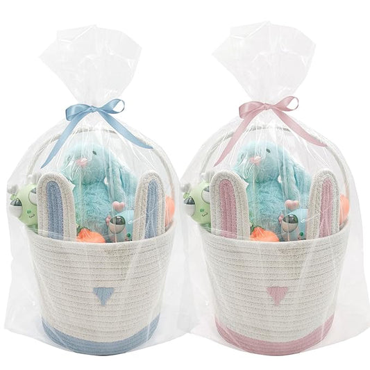 2 Pack Large Woven Easter Baskets for Kids - Boy & Girl Options, Empty Basket with Gift Bags and Ribbons Cute Easter Decorations Bunny Ears Designs (Pink+Blue)