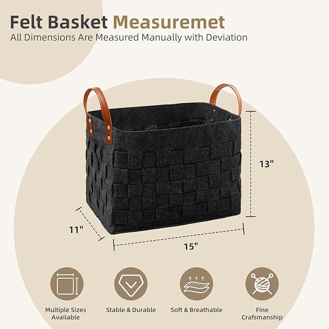 BOLDMONKEY Laundry Basket 15" x13 " x11 " 2 Pack, Large Rectangular Blanket Basket with Leather Handle, Felt Storage Basket for Living Room, Nursery, Dog Toys-Dark Gray