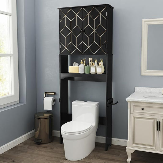 HLR Over The Toilet Storage Cabinet with Gold Trim, Over Toilet Bathroom Organizer with Adjustable Shelves and Toilet Paper Holder, Above Toilet Storage Cabinet Spacesaver for Bathroom (Black)