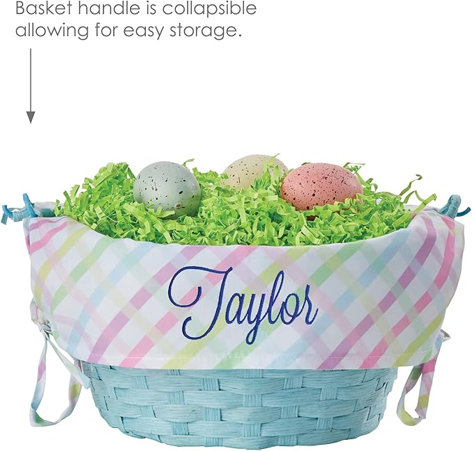 Personalized Easter Egg Basket with Handle and Custom Name in Navy Script | Multicolor Gingham Easter Basket Liners | Blue Basket | Woven Easter Baskets for Kids and Adults | Customized Easter Basket